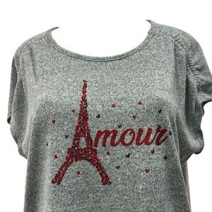 NWT Vintage Rose Top Women's XL Gray Glittered Paris Amour Heart Dolman Sleeve
